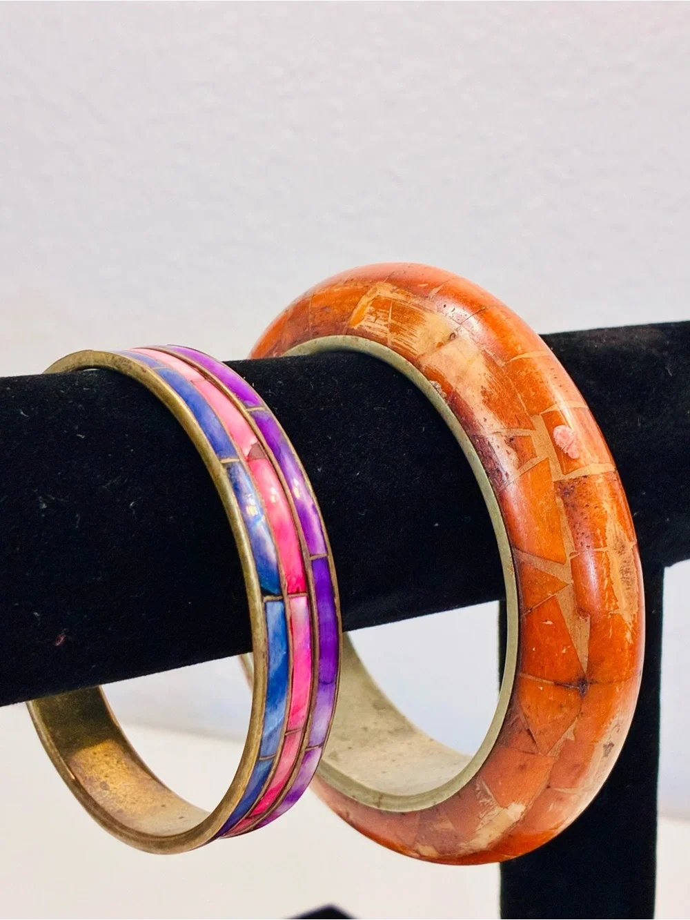 Bold Orange Mosaic Inlay Bangle Bracelet Dyed Mother Of Pearl Blue Pink & Purple